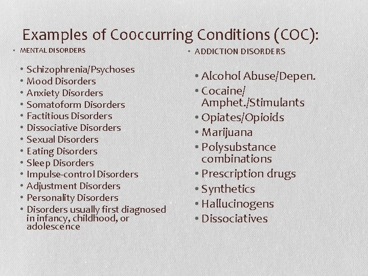 Examples of Co 0 ccurring Conditions (COC): • MENTAL DISORDERS • • • •