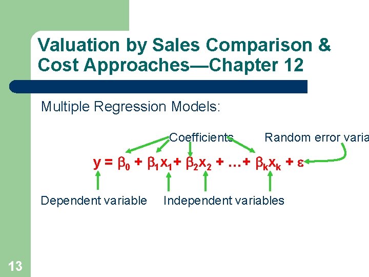 Valuation by Sales Comparison & Cost Approaches—Chapter 12 Multiple Regression Models: Coefficients Random error