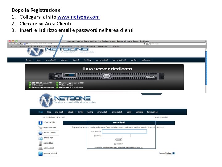 Dopo la Registrazione 1. Collegarsi al sito www. netsons. com 2. Cliccare su Area