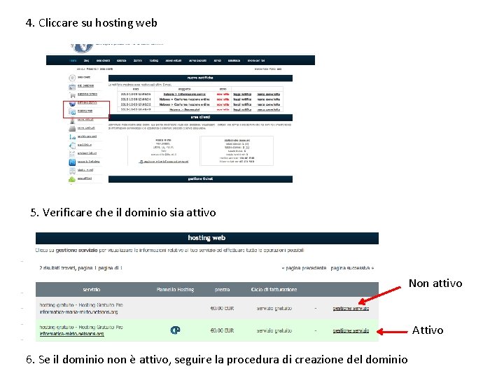 4. Cliccare su hosting web 5. Verificare che il dominio sia attivo Non attivo