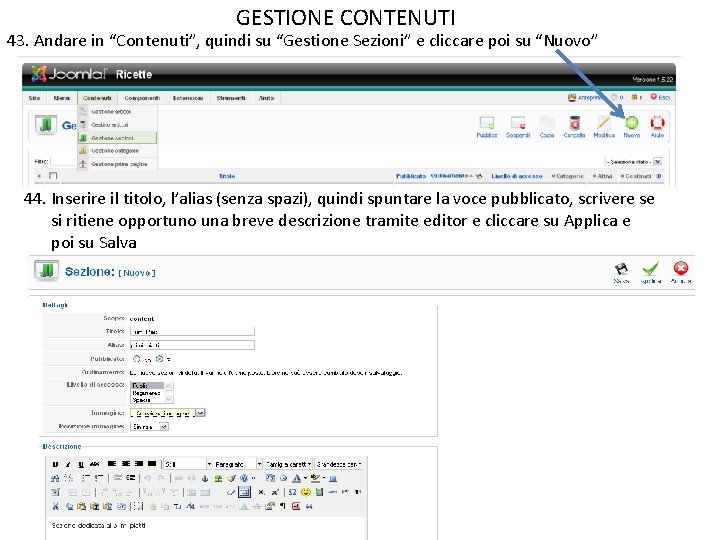 GESTIONE CONTENUTI 43. Andare in “Contenuti”, quindi su “Gestione Sezioni” e cliccare poi su