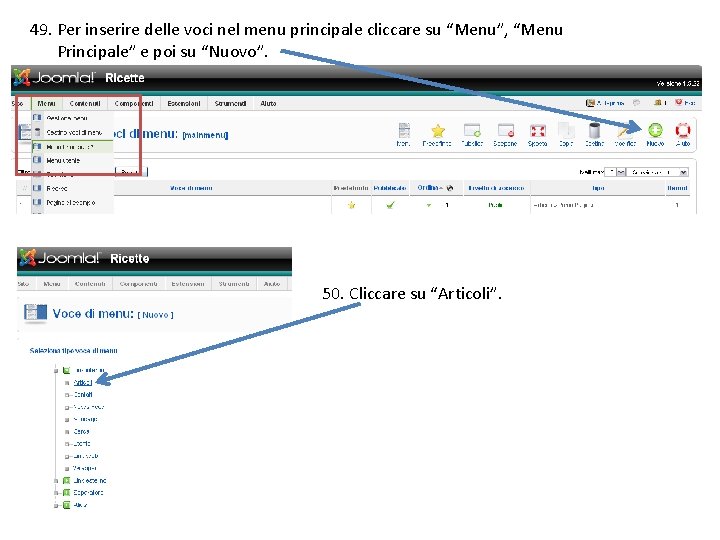 49. Per inserire delle voci nel menu principale cliccare su “Menu”, “Menu Principale” e