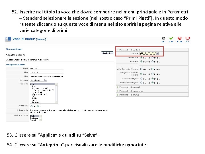 52. Inserire nel titolo la voce che dovrà comparire nel menu principale e in