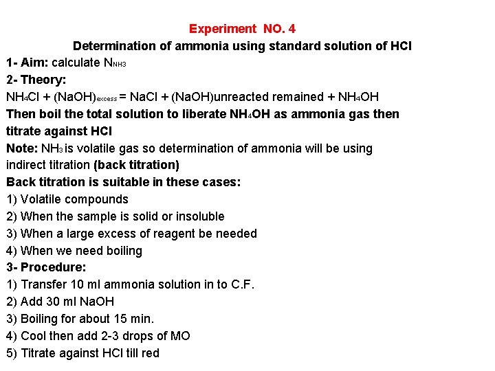 Experiment NO. 4 Determination of ammonia using standard solution of HCl 1 - Aim: