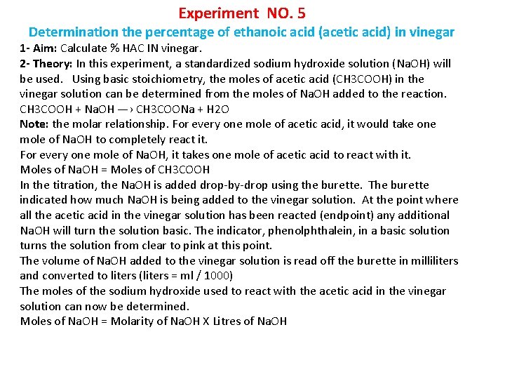 Experiment NO. 5 Determination the percentage of ethanoic acid (acetic acid) in vinegar 1