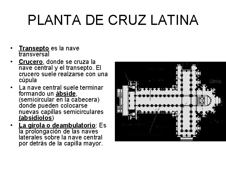 PLANTA DE CRUZ LATINA • Transepto es la nave transversal • Crucero, donde se