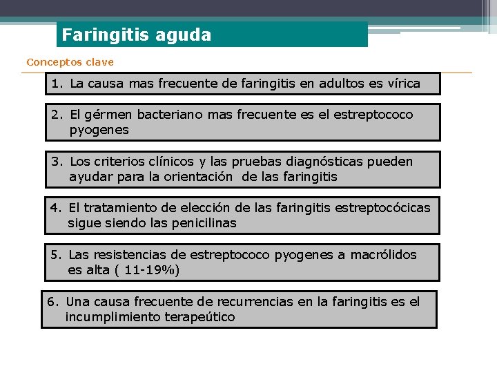 Faringitis aguda Conceptos clave 1. La causa mas frecuente de faringitis en adultos es