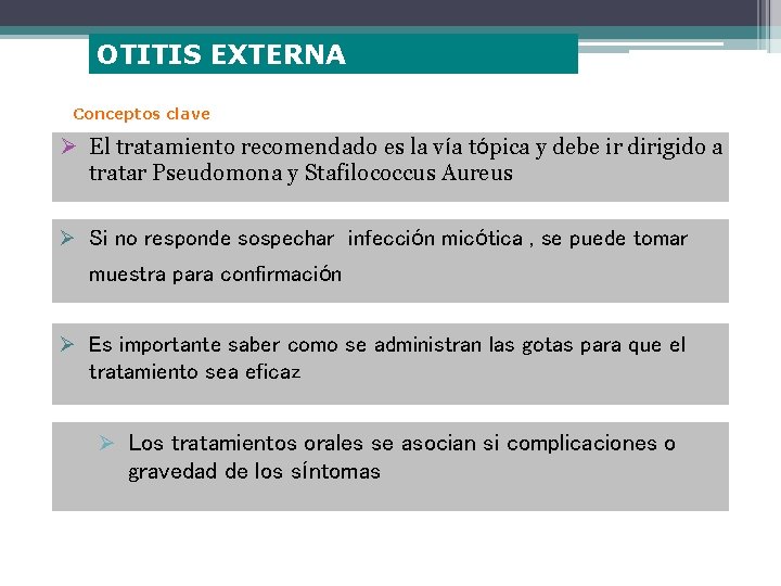 OTITIS EXTERNA Conceptos clave Ø El tratamiento recomendado es la vía tópica y debe
