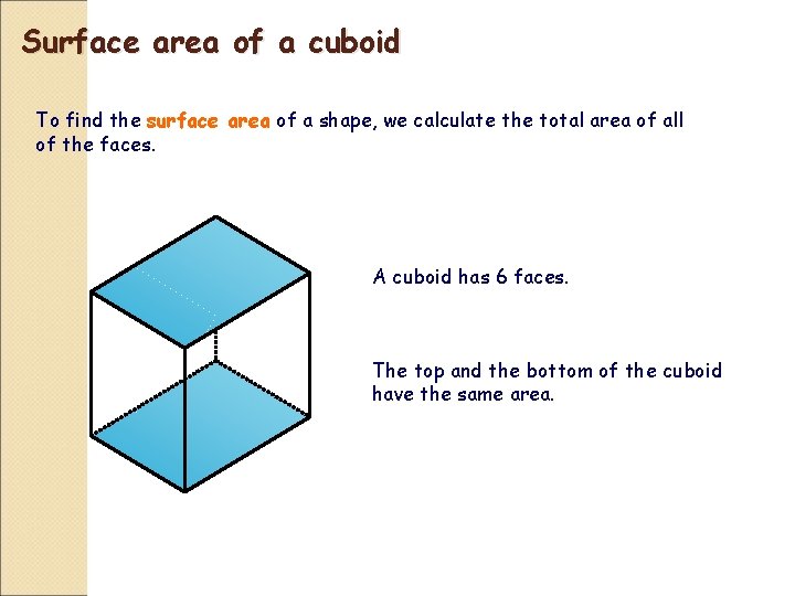 Surface area of a cuboid To find the surface area of a shape, we