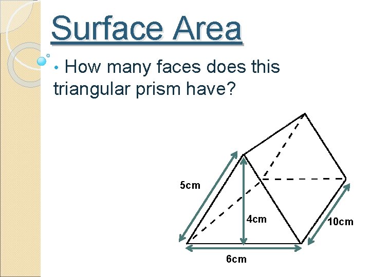 Surface Area • How many faces does this triangular prism have? 5 cm 4