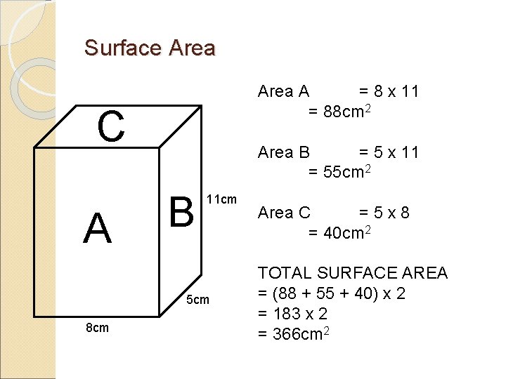 Surface Area A = 8 x 11 = 88 cm 2 C A Area