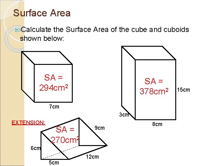 Surface Area Calculate the Surface Area of the cube and cuboids shown below: SA