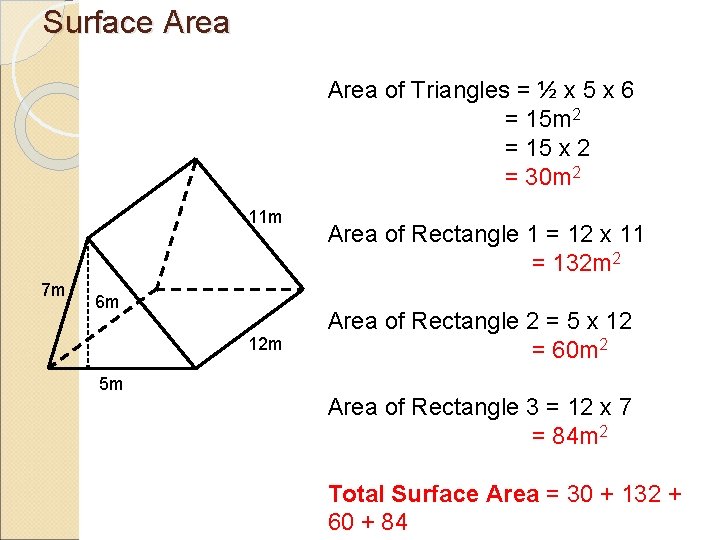 Surface Area of Triangles = ½ x 5 x 6 = 15 m 2