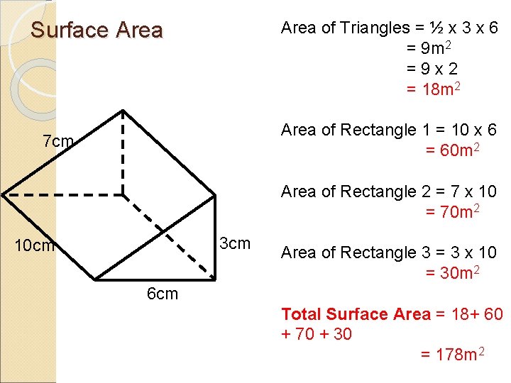 Surface Area of Triangles = ½ x 3 x 6 = 9 m 2