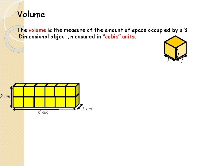 Volume The volume is the measure of the amount of space occupied by a