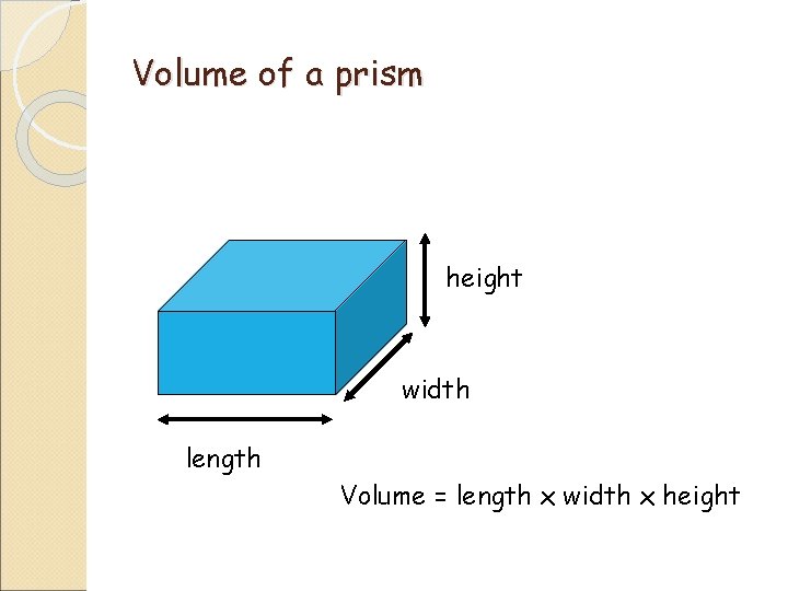 Volume of a prism height width length Volume = length x width x height