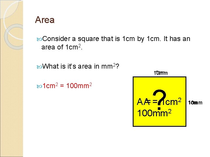 Area Consider a square that is 1 cm by 1 cm. It has an