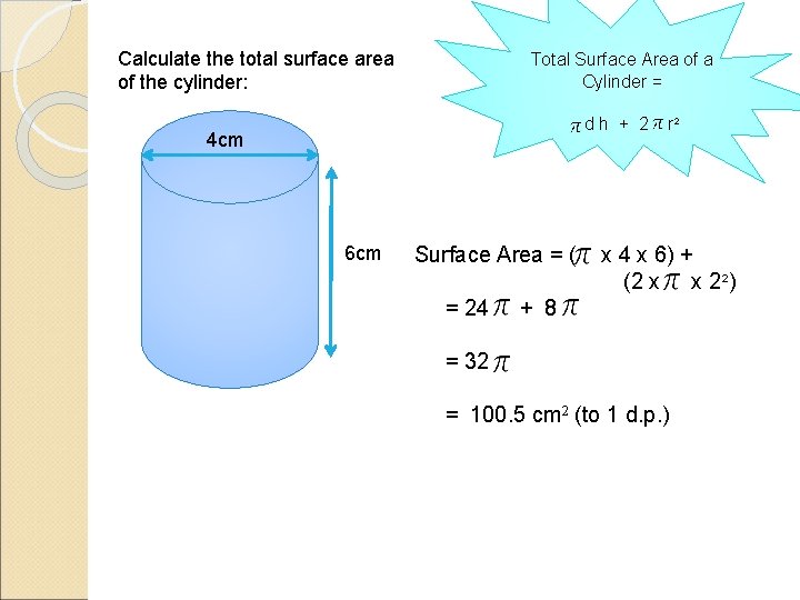 Calculate the total surface area of the cylinder: Total Surface Area of a Cylinder