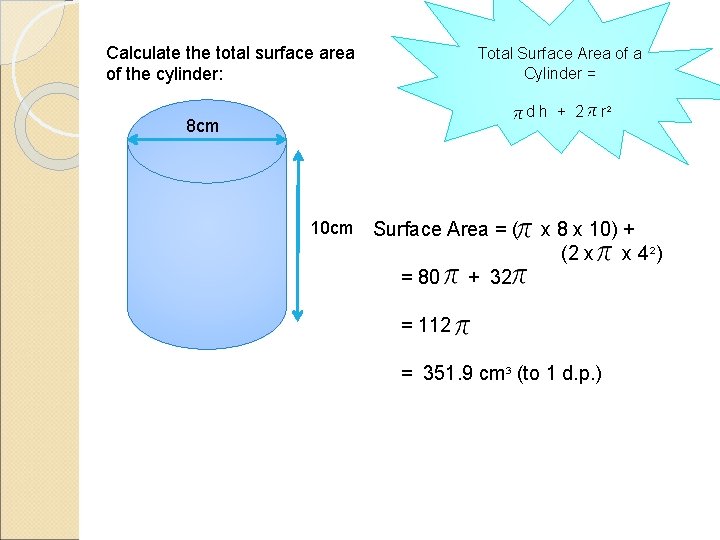 Calculate the total surface area of the cylinder: Total Surface Area of a Cylinder