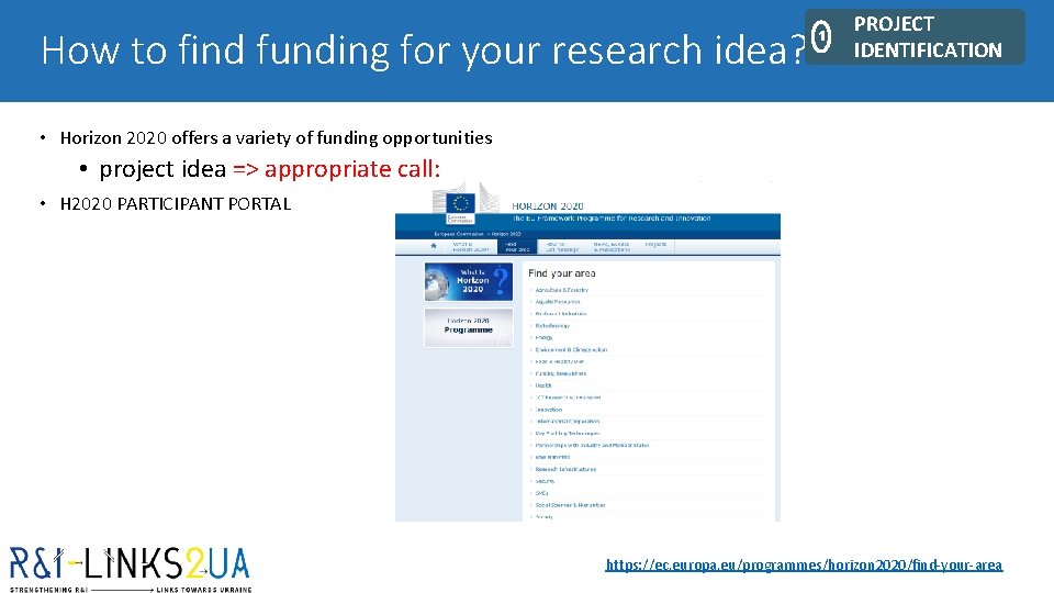 How to find funding for your research idea? 1 PROJECT IDENTIFICATION • Horizon 2020 How to find funding for your research idea? 1 PROJECT IDENTIFICATION • Horizon 2020