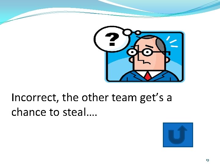 Wrong man w/glasses Incorrect, the other team get’s a chance to steal…. 13 