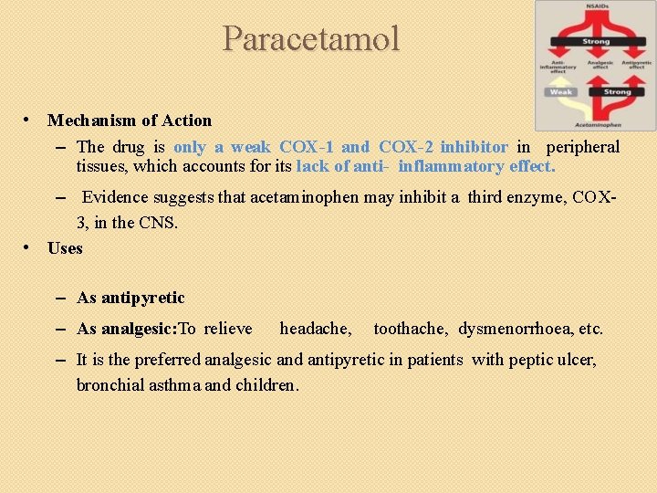 Paracetamol • Mechanism of Action – The drug is only a weak COX-1 and