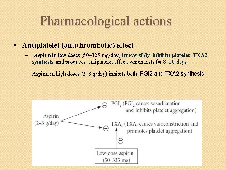 Pharmacological actions • Antiplatelet (antithrombotic) effect – Aspirin in low doses (50– 325 mg/day)