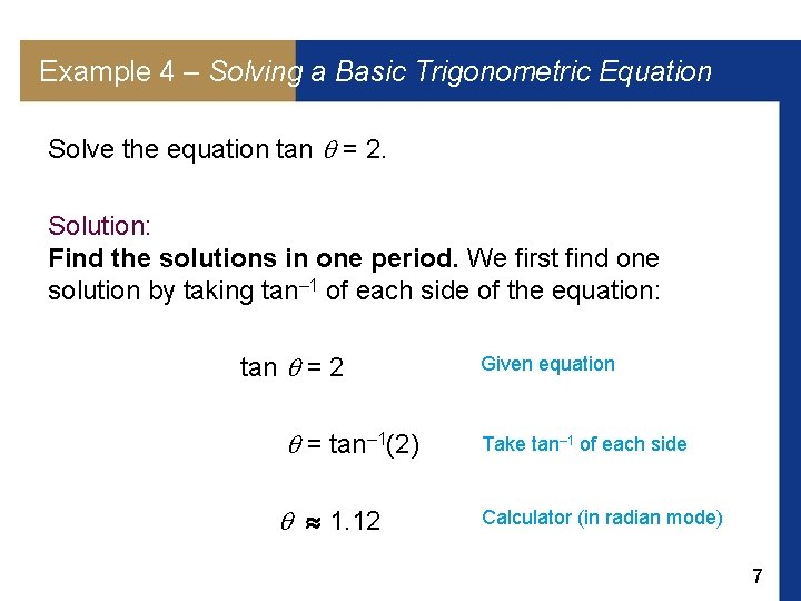 Example 4 – Solving a Basic Trigonometric Equation Solve the equation tan = 2.