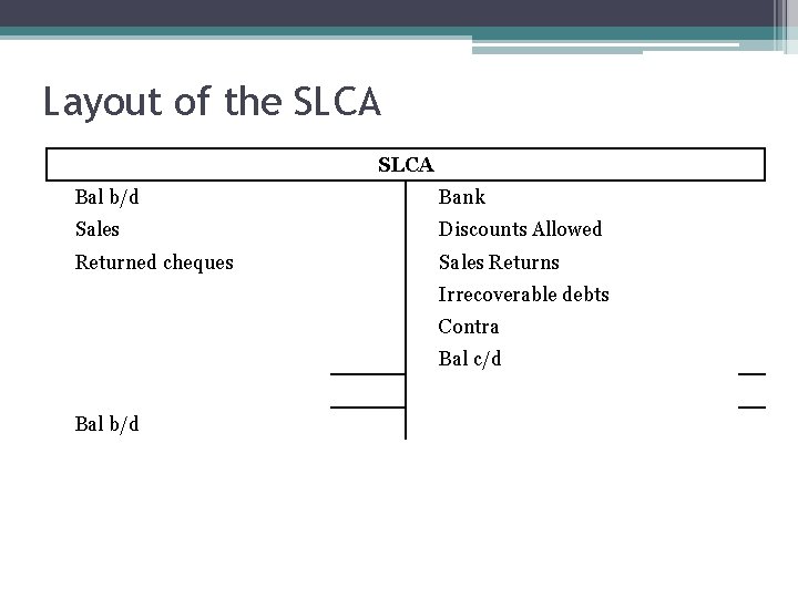 Layout of the SLCA Bal b/d Bank Sales Discounts Allowed Returned cheques Sales Returns