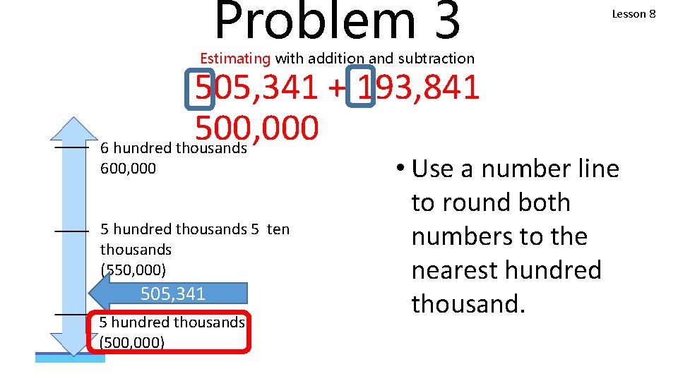 Problem 3 Lesson 8 Estimating with addition and subtraction 505, 341 + 193, 841