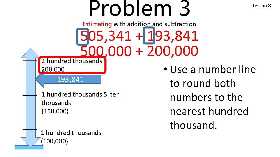 Problem 3 Lesson 8 Estimating with addition and subtraction 505, 341 + 193, 841