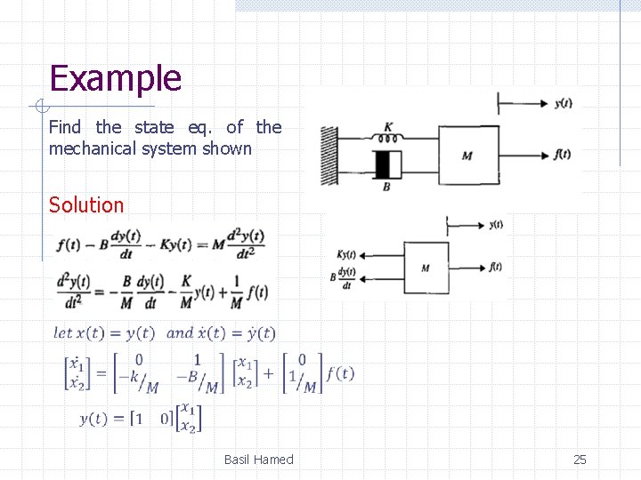Example Find the state eq. of the mechanical system shown Solution Basil Hamed 25 Example Find the state eq. of the mechanical system shown Solution Basil Hamed 25