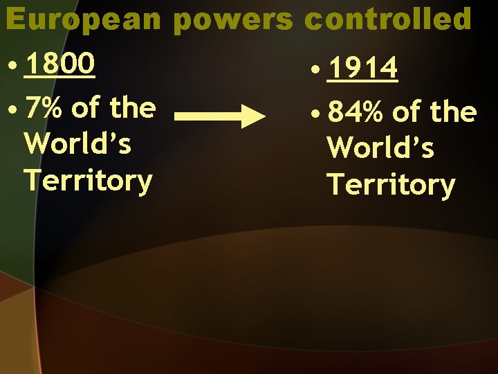 European powers controlled • 1800 • 1914 • 7% of the • 84% of