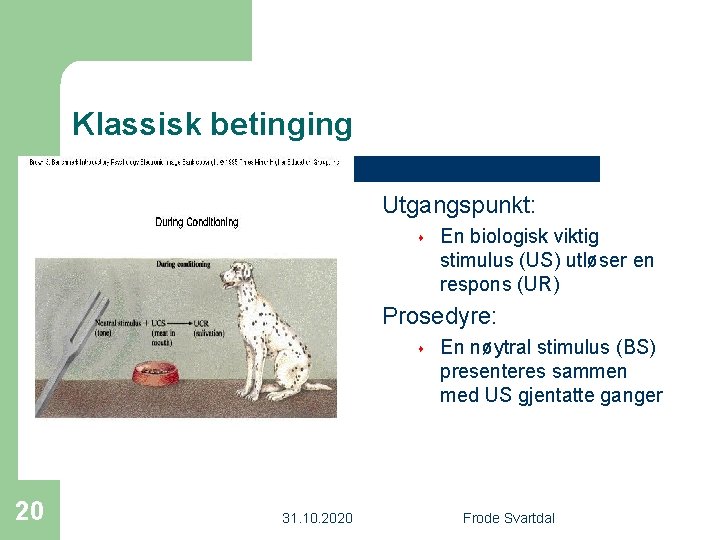 Klassisk betinging Utgangspunkt: s En biologisk viktig stimulus (US) utløser en respons (UR) Prosedyre: