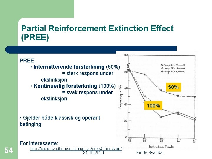 Partial Reinforcement Extinction Effect (PREE) PREE: • Intermitterende forsterkning (50%) = sterk respons under