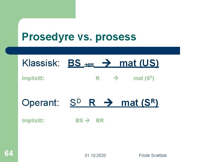 Prosedyre vs. prosess Klassisk: BS BR mat (US) Implisitt: Operant: Implisitt: 64 R mat