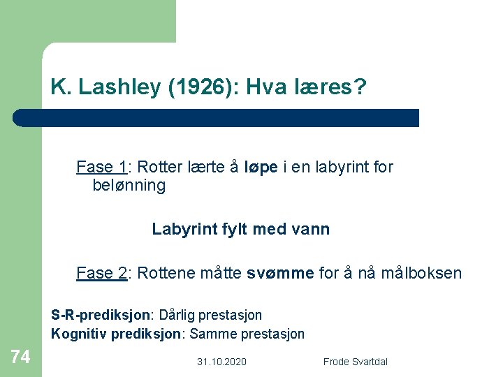 K. Lashley (1926): Hva læres? Fase 1: Rotter lærte å løpe i en labyrint