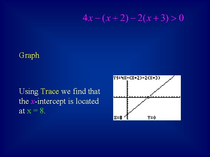 Graph Using Trace we find that the x-intercept is located at x = 8.