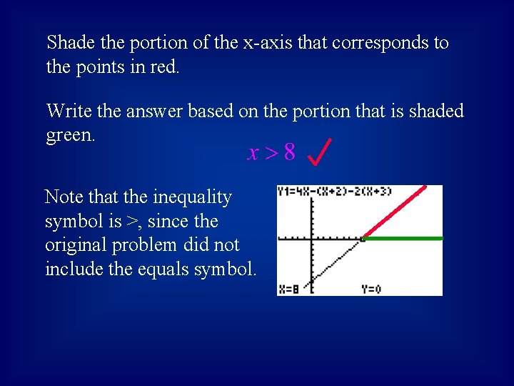 Shade the portion of the x-axis that corresponds to the points in red. Write