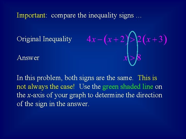 Important: compare the inequality signs … Original Inequality Answer In this problem, both signs
