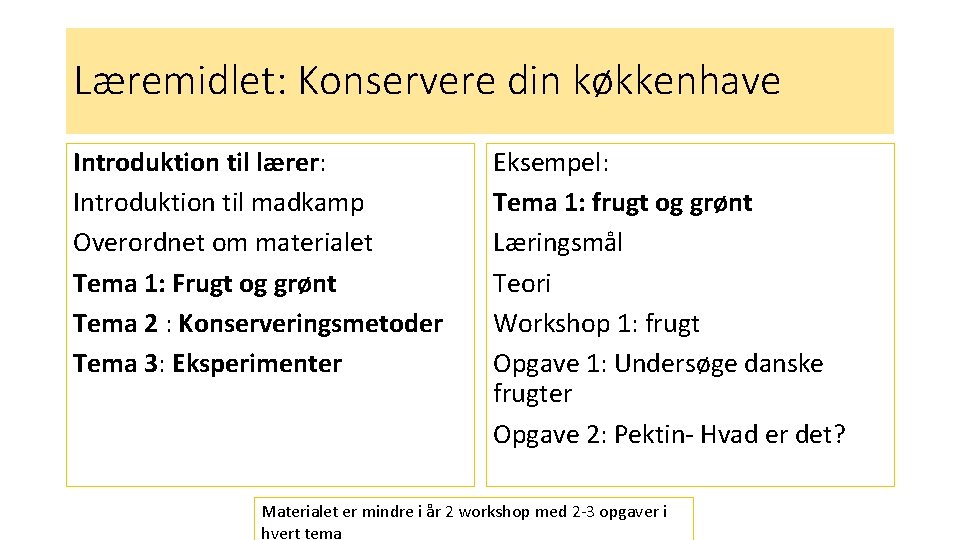 Læremidlet: Konservere din køkkenhave Introduktion til lærer: Introduktion til madkamp Overordnet om materialet Tema