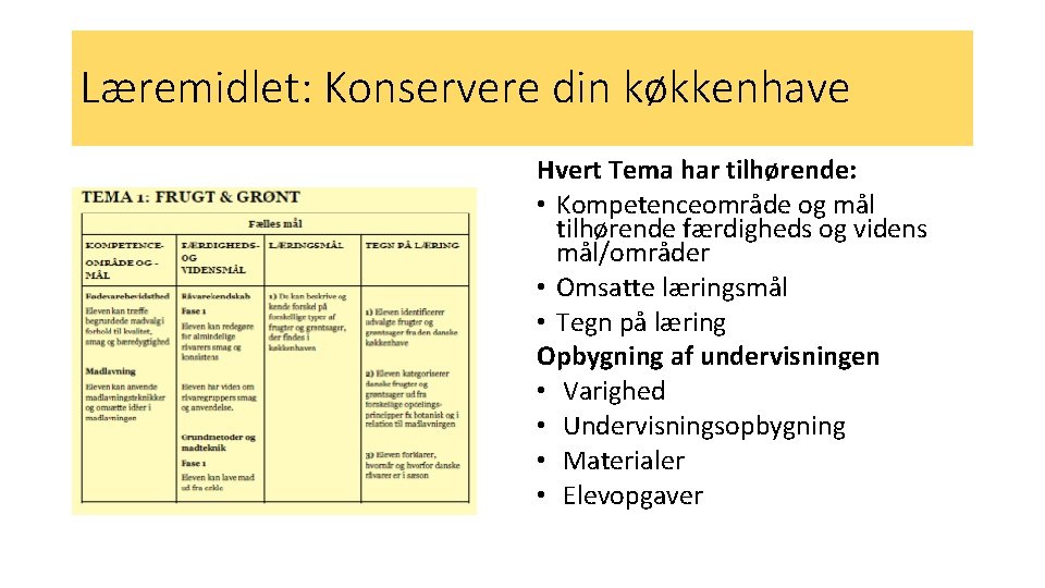 Læremidlet: Konservere din køkkenhave Hvert Tema har tilhørende: • Kompetenceområde og mål tilhørende færdigheds