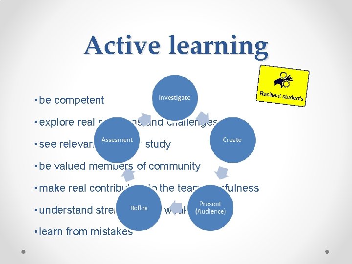 Active learning • be competent • explore real problems and challenges • see relevance