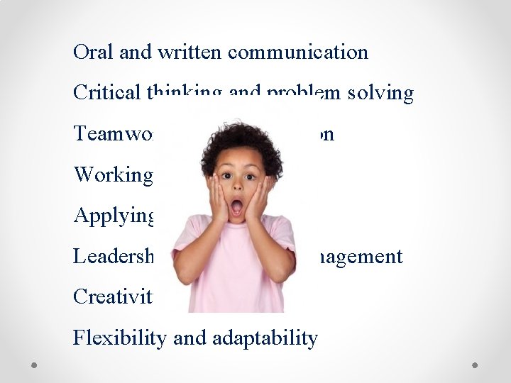 Oral and written communication Critical thinking and problem solving Teamwork and collaboration Working in