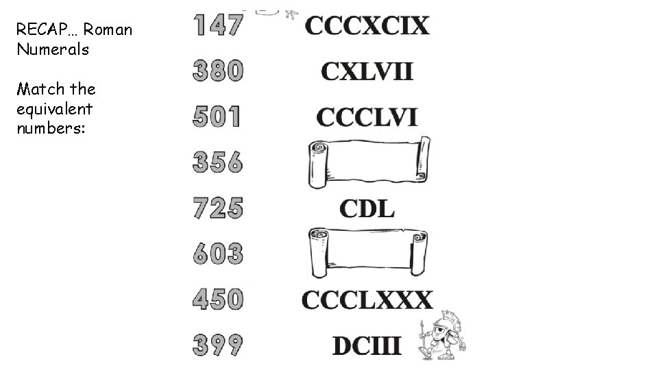 RECAP… Roman Numerals Match the equivalent numbers: 