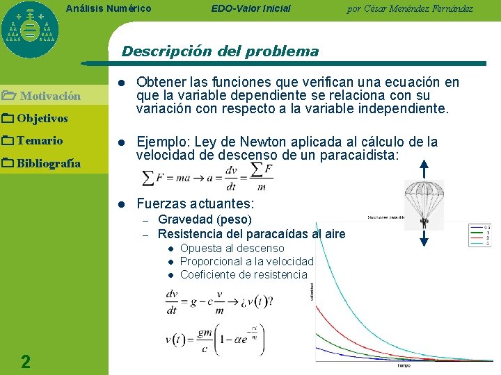 EDO-Valor Inicial Análisis Numérico por César Menéndez Fernández Descripción del problema Motivación l Obtener