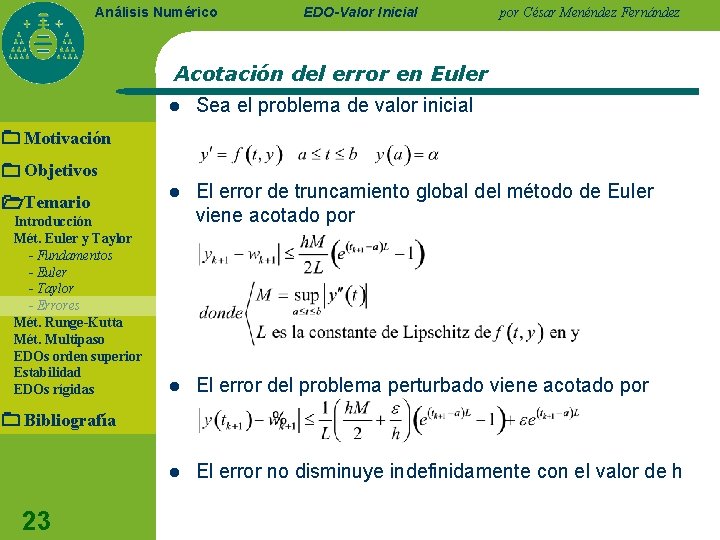 Análisis Numérico EDO-Valor Inicial por César Menéndez Fernández Acotación del error en Euler l