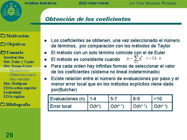 Análisis Numérico EDO-Valor Inicial por César Menéndez Fernández Obtención de los coeficientes Motivación Objetivos Análisis Numérico EDO-Valor Inicial por César Menéndez Fernández Obtención de los coeficientes Motivación Objetivos