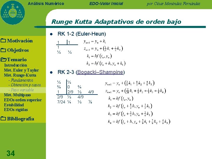 EDO-Valor Inicial Análisis Numérico por César Menéndez Fernández Runge Kutta Adaptativos de orden bajo