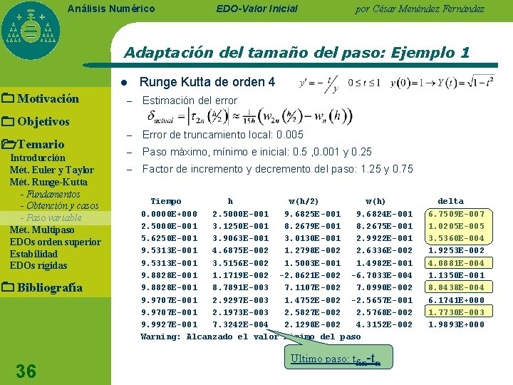 Análisis Numérico EDO-Valor Inicial por César Menéndez Fernández Adaptación del tamaño del paso: Ejemplo